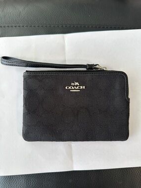 Coach Black Signature Logo Wristlet with Silver Hardware